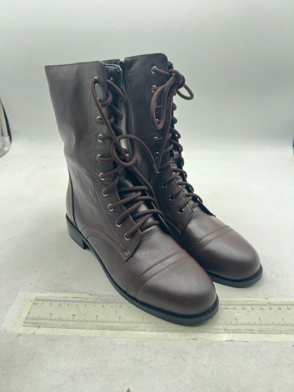 XYD Burgundy Women Girls Lug Sole Stacked Chunky Heel Front Lace Up Combat Boots - Picture 4 of 8